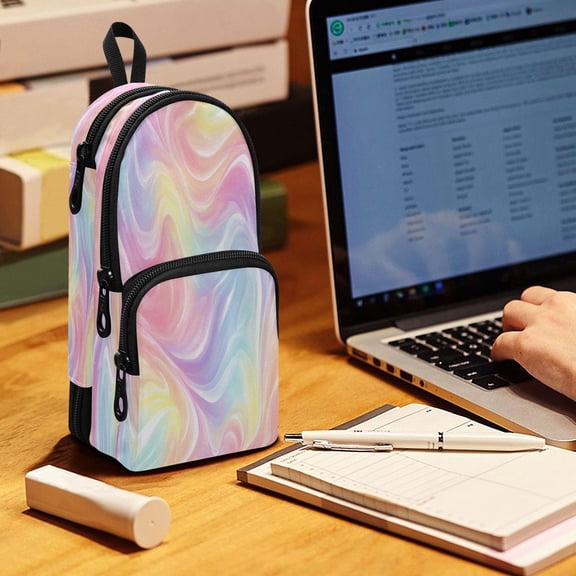 Backpack Pencil Case, 3 Compartment Large Capacity Oxford Fabric Pencil Pouch / Ethereal Rainbow Swirl