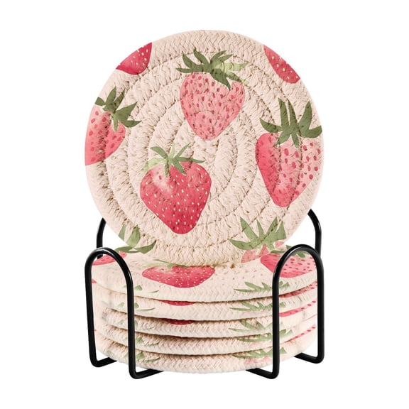 Watercolor Strawberry Drink Coasters with Holder Absorbent Coaster for Coffee Table Room Decor 6 Pack