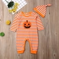 thumbnail image 2 of Newborn Baby Girl Boy Halloween Outfit Pumpkin Romper Striped Jumpsuit with Hat/Headband Set Infant Cute Fall Clothes, 2 of 7