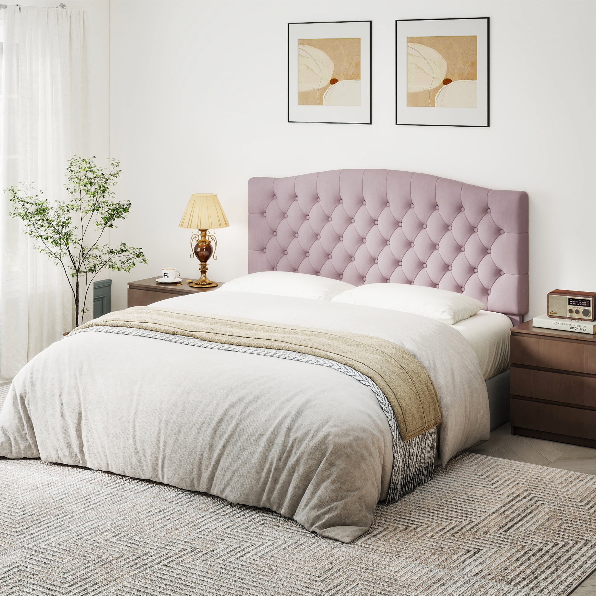 Queen Headboard Wall Mount & Bed Frame Compatible, Velvet Upholstered Button Tufted, Pink