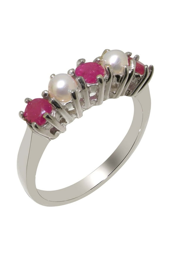 LBG British Made 14k White Gold Natural Ruby & Cultured Pearl Womens Eternity Ring - 33 size options - Size 7.25