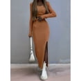 thumbnail image 7 of Women'S Solid Color Knitted Round Neck Long Sleeve Top Slit Long Skirt Two-Piece Set Yellow-Brown L, 7 of 7