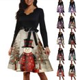 thumbnail image 4 of Women's Fashion Round Casual Slim Fit Christmas Print Large Swing Long Sleeve Dress, V-Neck, Holiday Print, Retro Style, Party Wear, Flare Hem,Khaki,S, 4 of 7