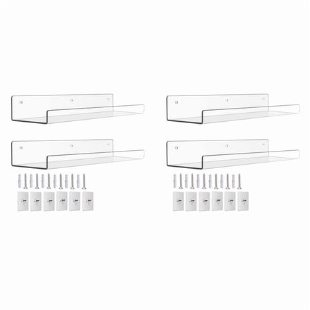4Pack Acrylic Shelves for Wall Storage,15Inch Floating Bookshelves for Kids,Display Shelf Organizer for Bathroom,Bedroom