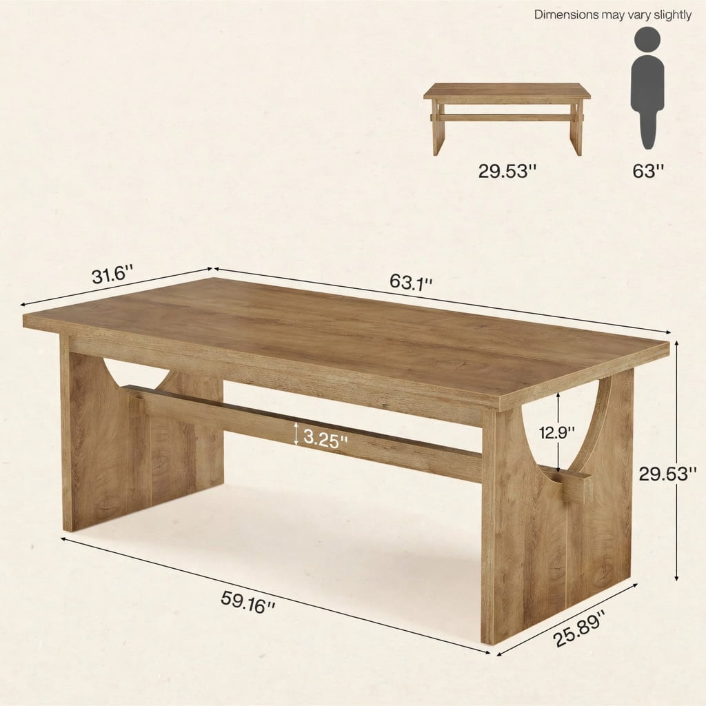 Hommoo 63 Inch Farmhouse Dining Table for 4-6 People, Rustic Rectangular Kitchen Table with Sturdy MDF Construction & Easy 30-Minute Assembly, Natural