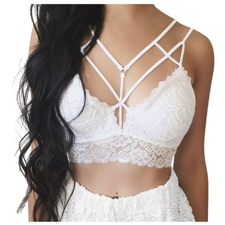 

BIZIZA Women Bra Bralette Strappy Criss Cross Lace Sexy Crop Top Plus Size White S