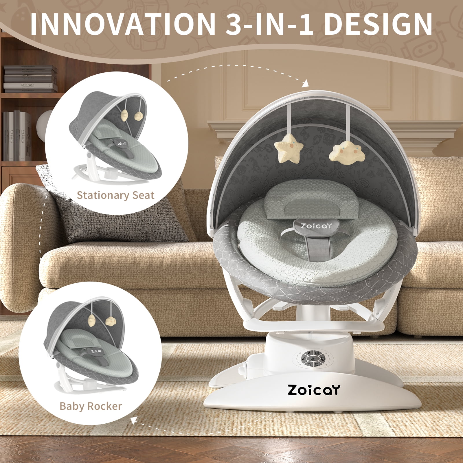 Zoicay Baby Swing, Baby Rocker Stationary Seat Infants Swing 3-IN-1 Design, Motion Detection, 5 Speeds & 3 Modes, 12 Melodies & Bluetooth Music, Gray