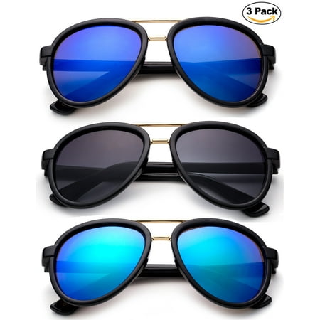 Newbee Fashion 3 Pack -Kids Girls Boys Plastic Aviator Sunglasses with Metal Bridge Stylish Fashion Kids Sunglasses with Flash Mirrorrd Lens UV Protection Lead Free High Quality