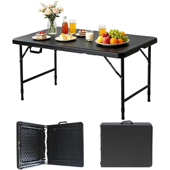 Portable Plastic Folding Table 4 Foot Black Fold-in-Half for Indoor Outdoor Use