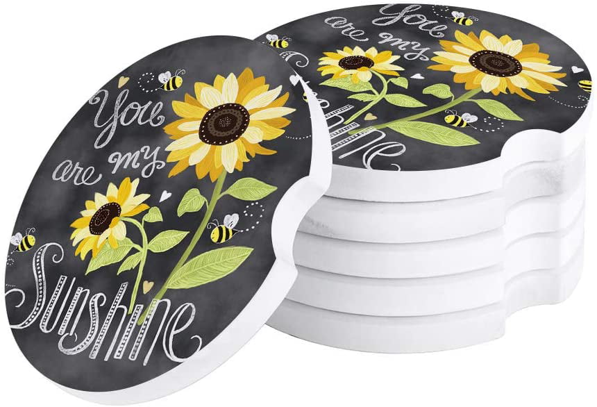 Best Accessory Keep Vehicle Free from Cold Drink Sweat Set of 2 Non-Slip Absorbent Cork with A Finger Notch for Easy Removal Stain and Spill Retro Sunflowers YOU ARE MY SUNSHINE Car Coasters