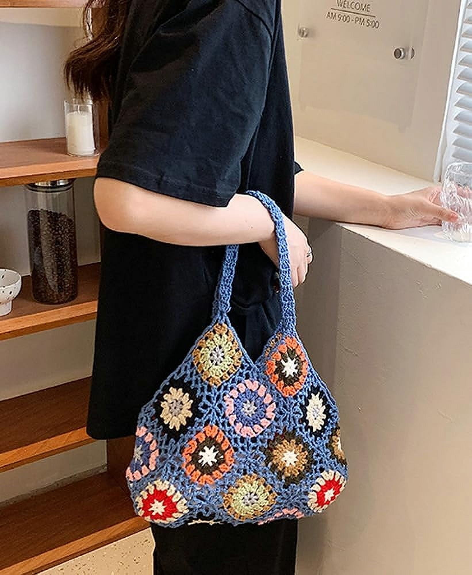 Kukuzhu Cute Floral Knitted Shoulder Bag Women Fairy Y2k Hobo Bag Crochet Small Hand Woven Beach Mesh Tote Purse
