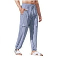 thumbnail image 1 of Pantalones largos de trabajo para hombre, pantalones casuales multibolsillos de talla grande, pantalones tobilleros holgados de algodón y lino con cordón ajustable, pantalones de poliéster para hombre, 1 of 5