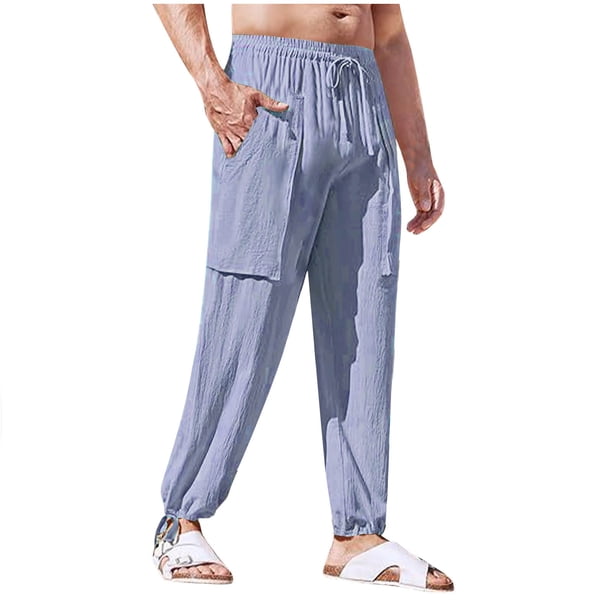 Pantalones largos de trabajo para hombre, pantalones casuales multibolsillos de talla grande, pantalones tobilleros holgados de algodón y lino con cordón ajustable, pantalones de poliéster para hombre