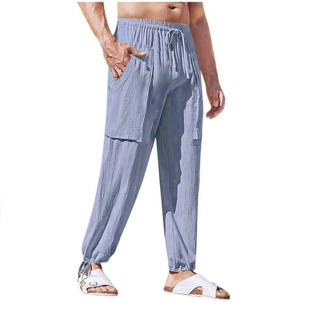 AherBiu Linen Pants for Men Joggers Drawstring Elastic Waisted Lightweight Pants with Pockets Fall Beach Casual Trousers