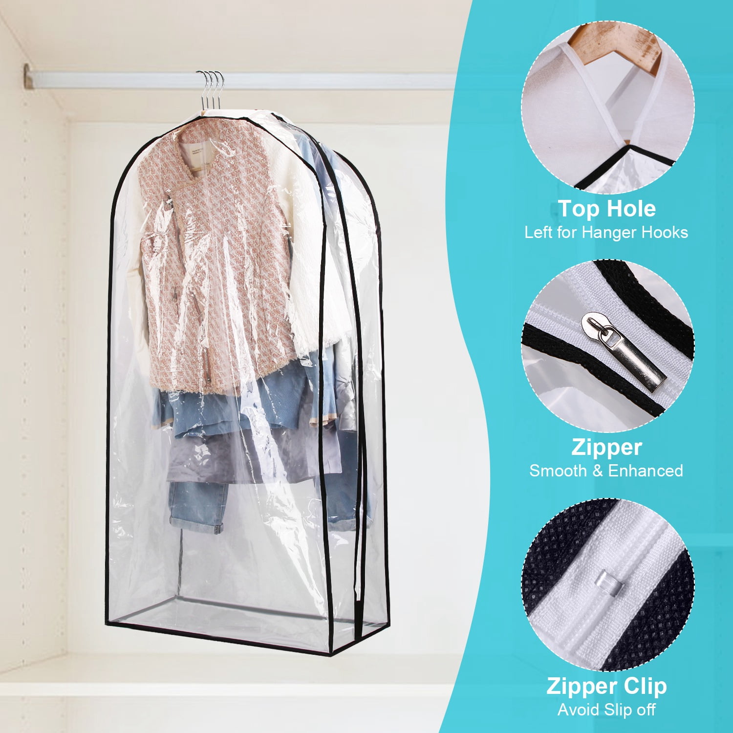Clear Garment Bags for Hanging Clothes 5 Pack 60" Suit Bags for Closet Storage Plastic Dustproof Suit Cover Bags Clothes Protectors Bag with Zipper for Coats Jackets Shirts L Size