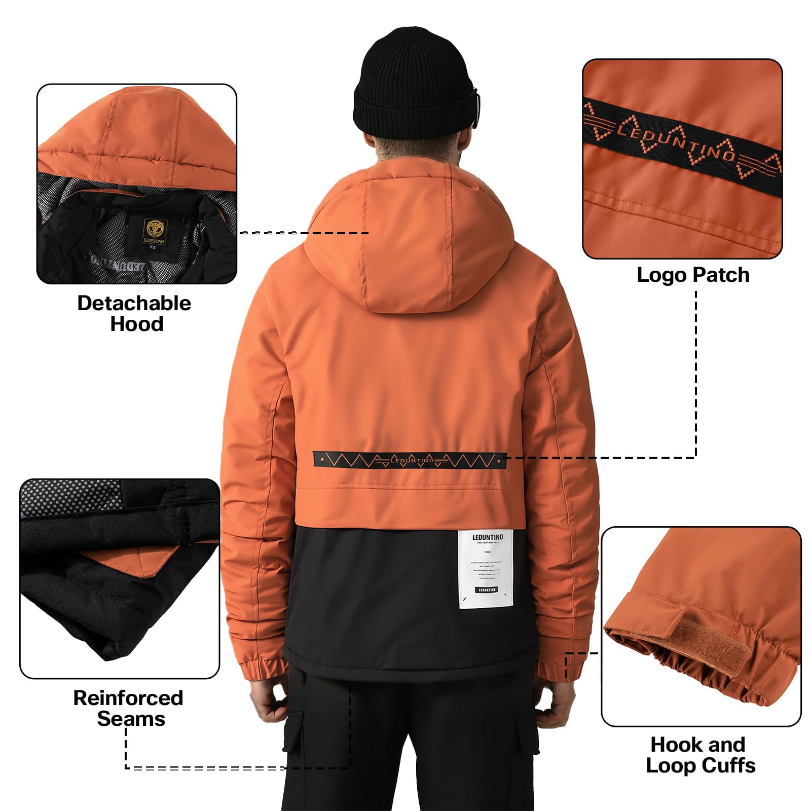 LEDUNTINO Men's Winter Jacket With Hood Water-Resistant Casual Coat Composite Fleece-Lined Outdoor Apparel For Cold Weather