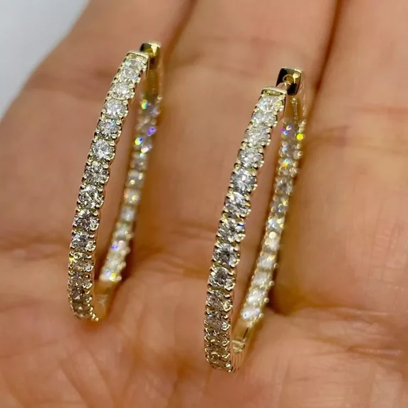 1.10Ct Round Cut Moissanite Inside Out Side Hoop Earrings 14K Yellow Gold Plated