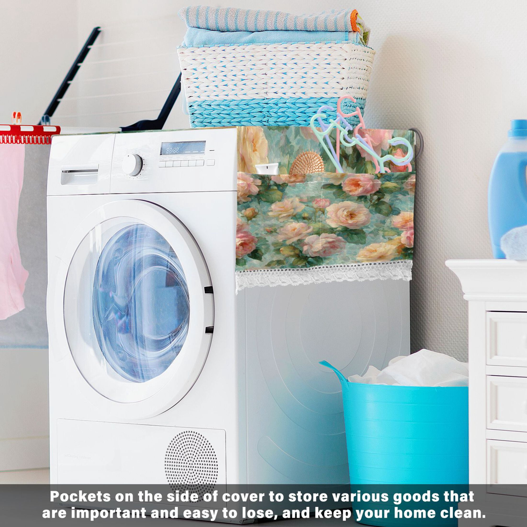 Wobogo Powder Green Rose Washing Machine Cover Dustproof Washer Dryer Cover Waterproof Laundry Room Decorative Protector