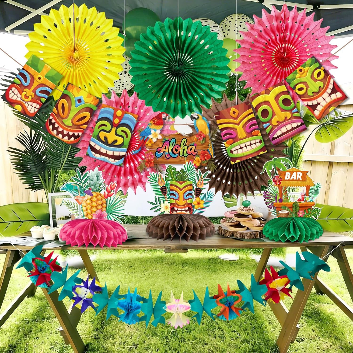 Hawaiian Luau Party Decorations Tropical Beach Aloha Palm Leaves Garland Luau Honeycomb Table Centerpiece Tissue Pom Poms Paper Fans Tiki Totem Hanging Decor Tropical Summer Beach Pool Party Supplies