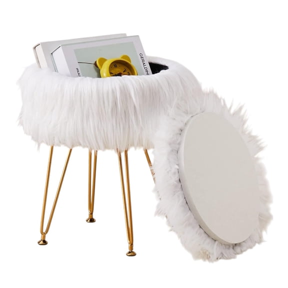 IVV White Faux Fur Storage Ottoman with Tray Lid & Golden Metal Legs, Round Upholstered Footrest/Side Table, Furry Makeup Seat for Bedroom, Vanity Room, Living Room – 13"Dia x 17.7"H