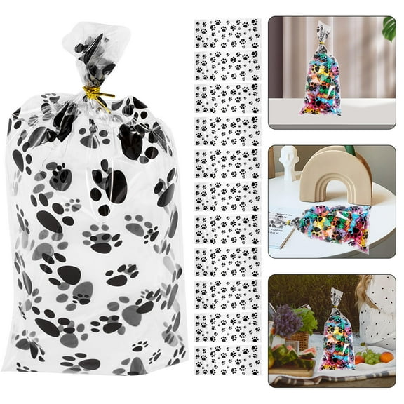 Raindrops 100Pcs Multi Dog Paw Printed Gift Bags OPP Candy Cookie Bags for Party Favors and Storage Use