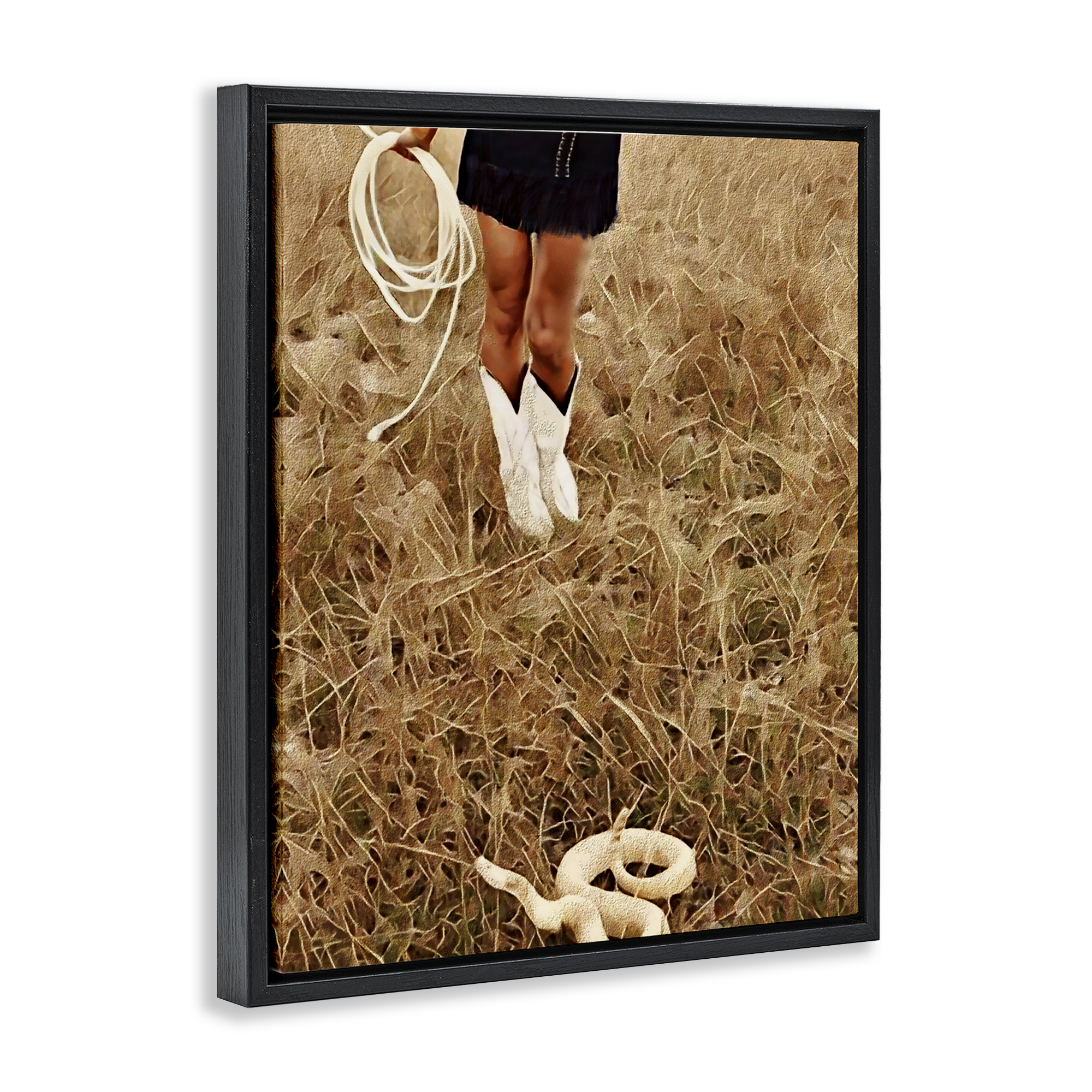 With Her Lasso & Snake Black Framed Floater Canvas Wall Art, design by Jesse Keith