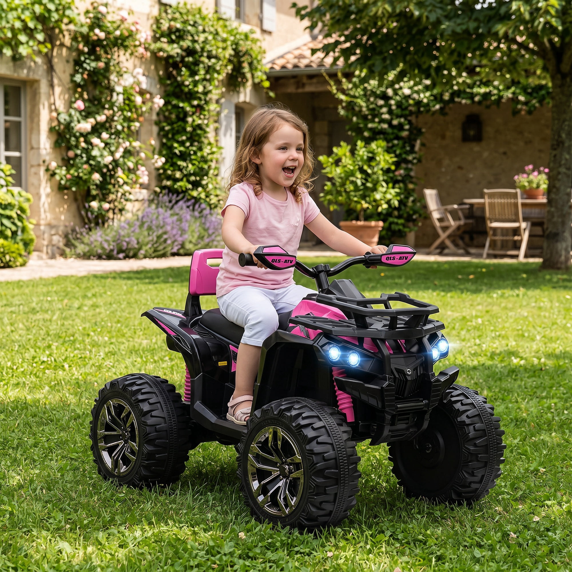 Aosom Kids ATV, 12V 4 Wheeler Ride on Quad Car Toy with Music, Headlights, Battery Powered Electric Vehicle for Boys and Girls, Pink