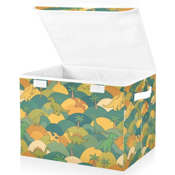 Yayeee Collapsible Cube Storage Bin with Lid Fabric Closet Decorative Basket with Handles, Whimsical Dinosaur Pattern