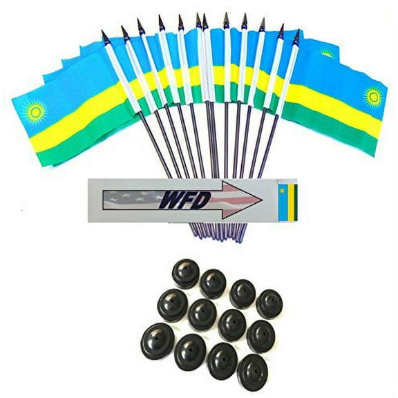 Pack of 12 4"x6" Rwanda Polyester Miniature Office Desk & Little Table Flags, 1 Dozen 4"x 6" Rwandan Small Mini Handheld Waving Stick Flags with 12 Flag Bases (Flags with Stands)