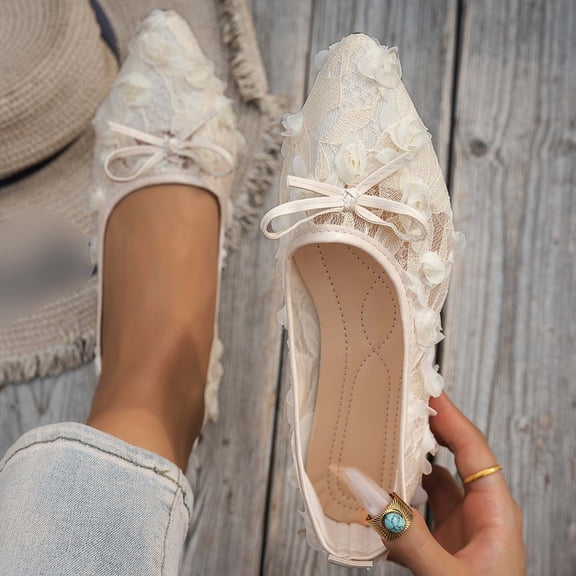 Casual Shoes for Women Elegant Wide Fit Lace Mesh Pointed Toe With Bow Breathable Casual Shoes For Everyday Wear,Beige,CN:38(US:7)