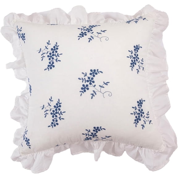 Blue Embroidered Leaf Ruffled Pillow Cover 18×18 Inch –French Country Decorative Cushion Case with Blue Floral Embroidery and Ruffle Edge, White Cotton Linen, Cover Only