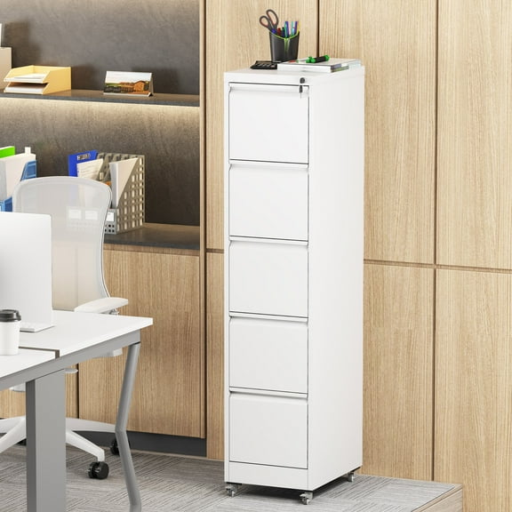 5 Drawer Metal Vertical File Cabinet with Lock on Wheels for Home Office,Heavy Duty Metal Storage Cabinet for A4/Letter/Legal Size Files, White, 17.71"D*15.16"W*64.17"H