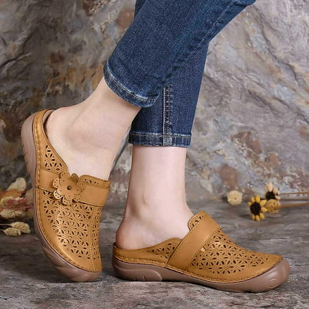 

Kukoosong Flat Sandals Women Flip Flops for Women New Baotou Flower Wedge Heel Women Sandals Hollow Sandals Yellow Size 40