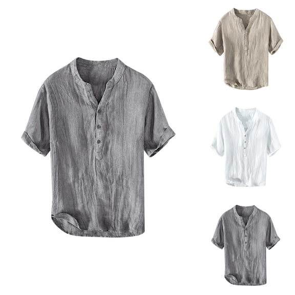 Mens T-Shirts Summer Plain Retro Rolled Short Sleeve Henley Neck Distressed Shirt Men