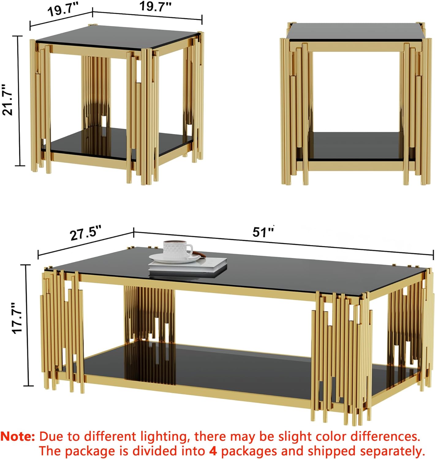 End Tables for Living Room Set of 3, Holaki Modern Rectangle Tempered Glass Coffee Table with 2 Square End Table, Coffee Table Set with Stainless Steel Irregular Legs for Home Apartment Office
