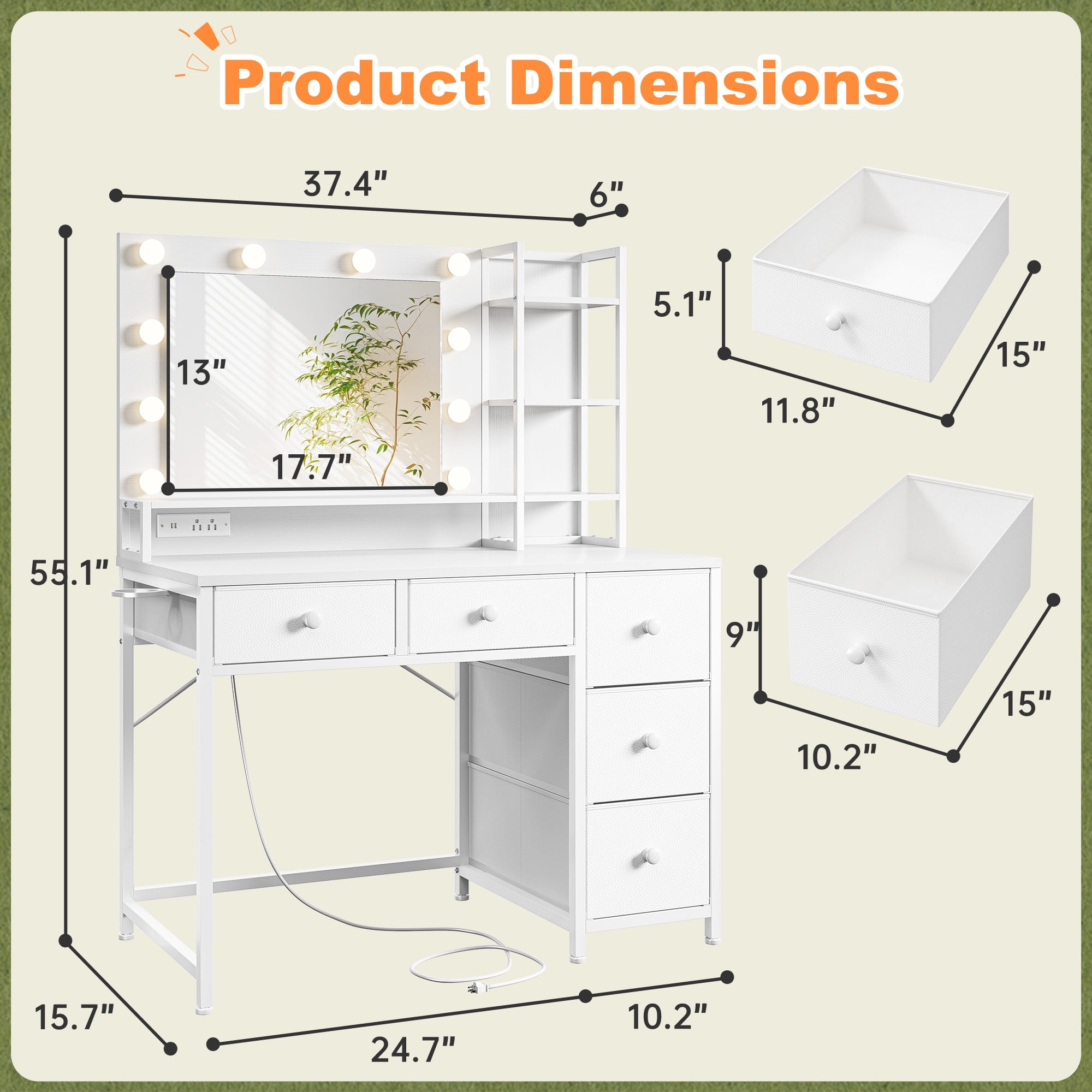 Romorgniz Vanity with Mirror and Lights Vanity Desk with 5 Drawers and Storage Shelves Makeup Dressing Table with Power Outlet & USB,White
