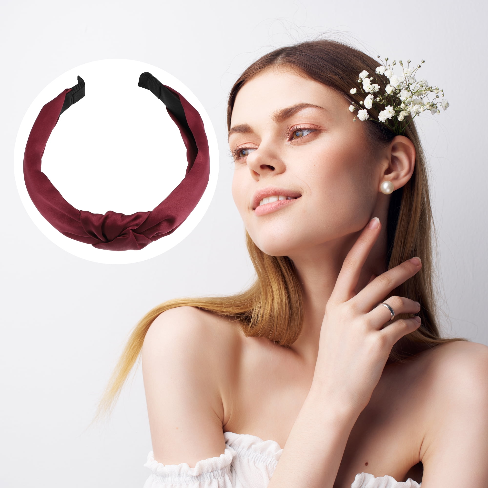 Unique Bargains Satin Knot Headband Hairband for Women 1.2 Inch Wide Wine Red