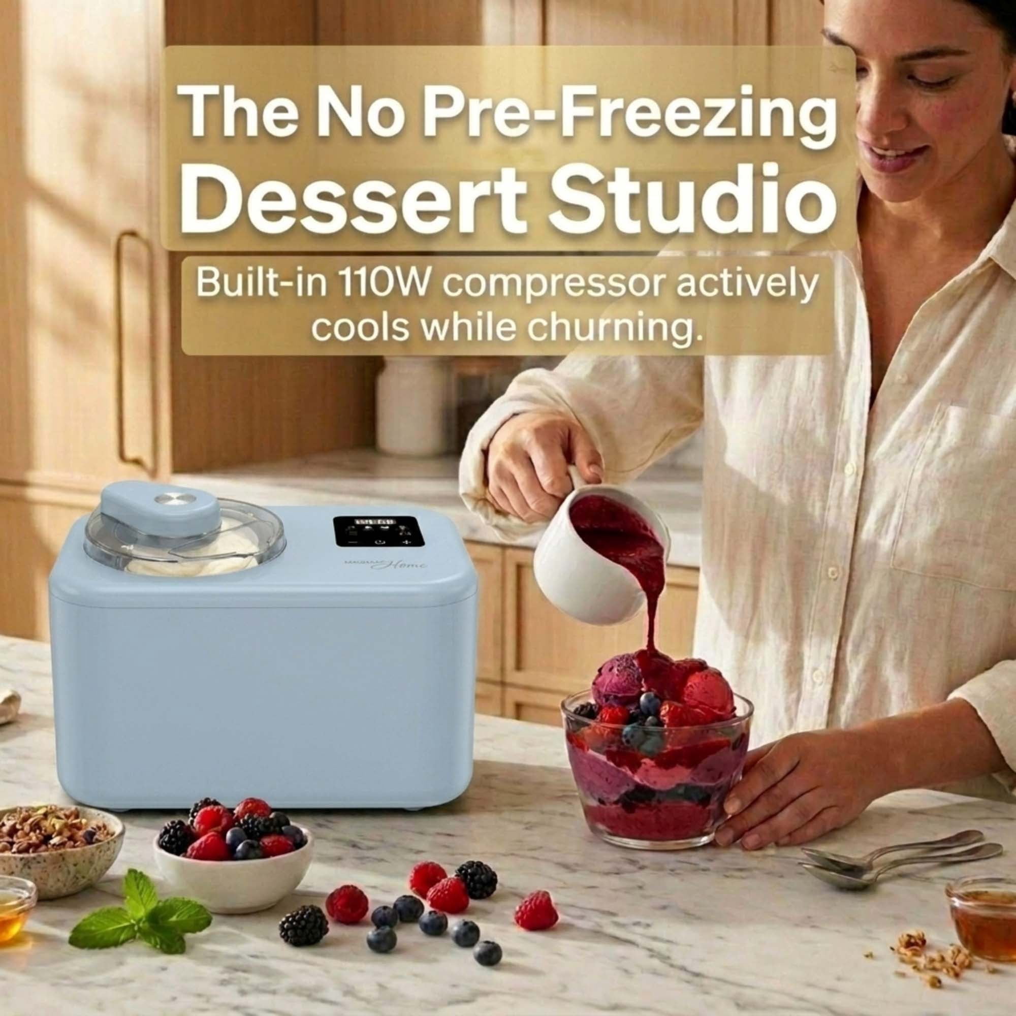 Magnavox 1.3 qt. Electric Ice Cream Maker with Built-in Compressor and Touchscreen Controls, Blue