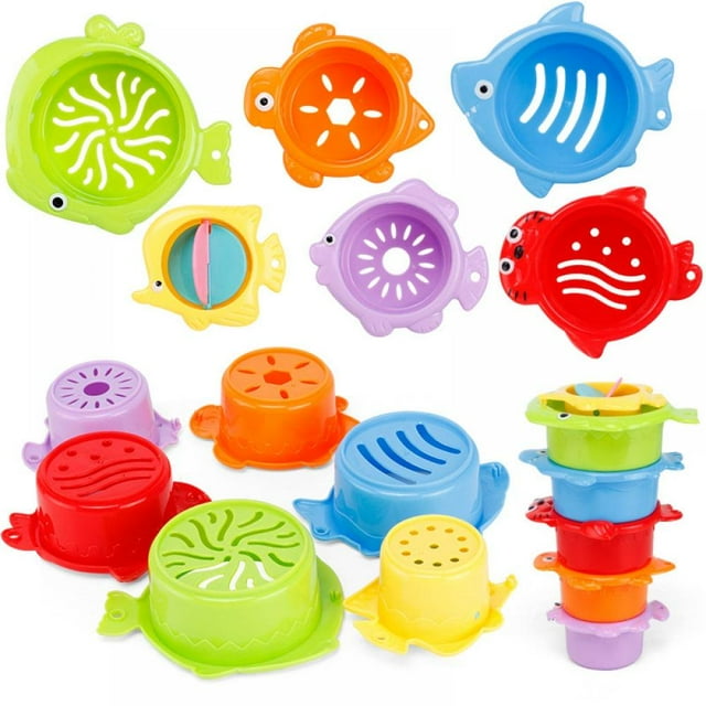 PENGXIANG 6pcs Set Stacking Cups Baby Toy for Infants Toddlers Kids Small Rainbow Color Bath Stack-Up Cups with Under The Sea Animal Shapes and Drain Holes Stackable Nesting Cups for Wate