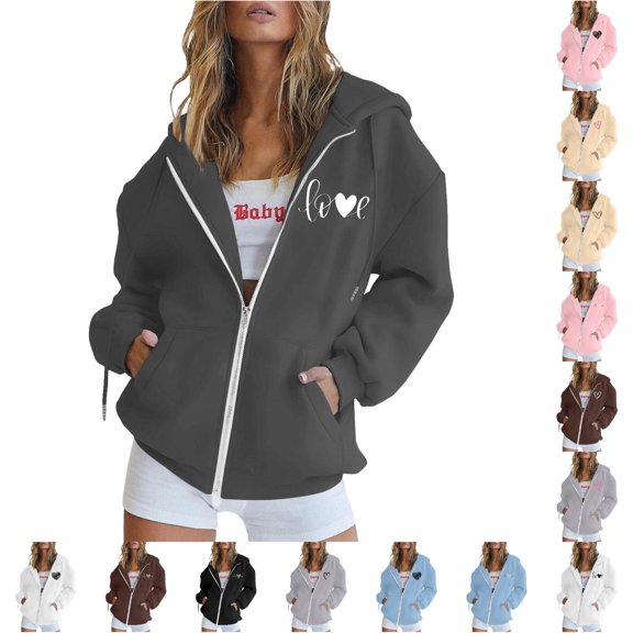 Bigetiay Womens Hoodie Stylish Printed Zipper Long Sleeve Pocket Drawstring Casual Thermal Sports Hoodie for Everyday Winter Wear Sweatshirts for Women Loose Fit Grey Hoodie Women, Size XL