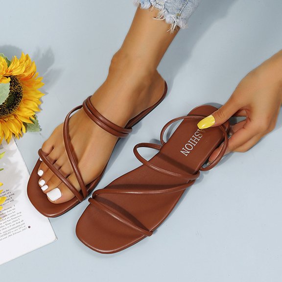 JeashCHAT Women Strappy Slippers Summer Flat Sandals Square Open Toe Slide Sandals for Summer Beach Holiday Outdoor Indoor (Brown)