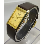 Seiko Slim Tank SQ Quartz Golden Dial Rectangular With Brown Strap Japan Made Wrist Watch