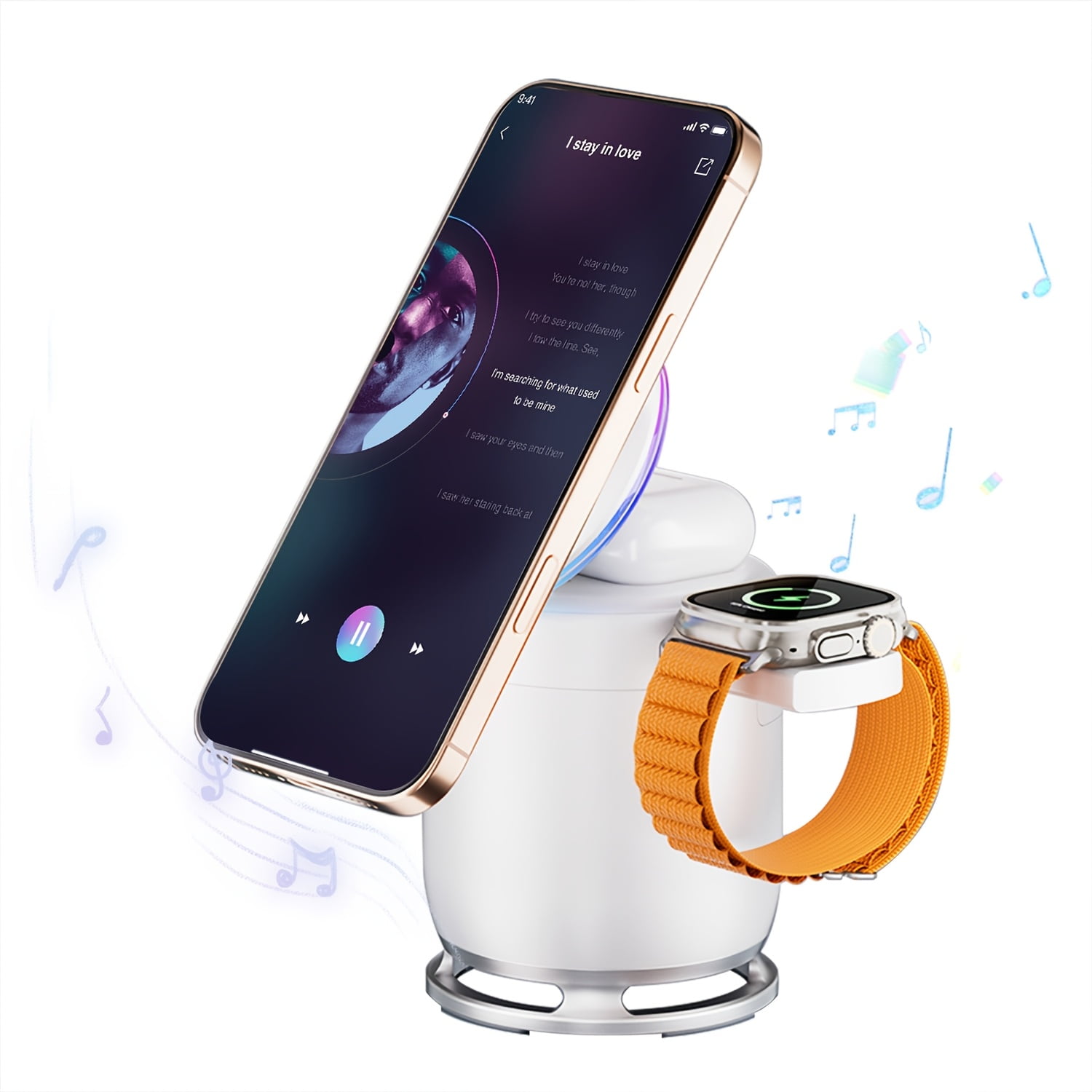 2026 New 5-in-1 Wireless Charging Stand with Bluetooth Speaker & Magnetic Night Light, Multi-Device Charging Dock Compatible with iPhone, Apple Watch and Headphones, Perfect Gift for Family