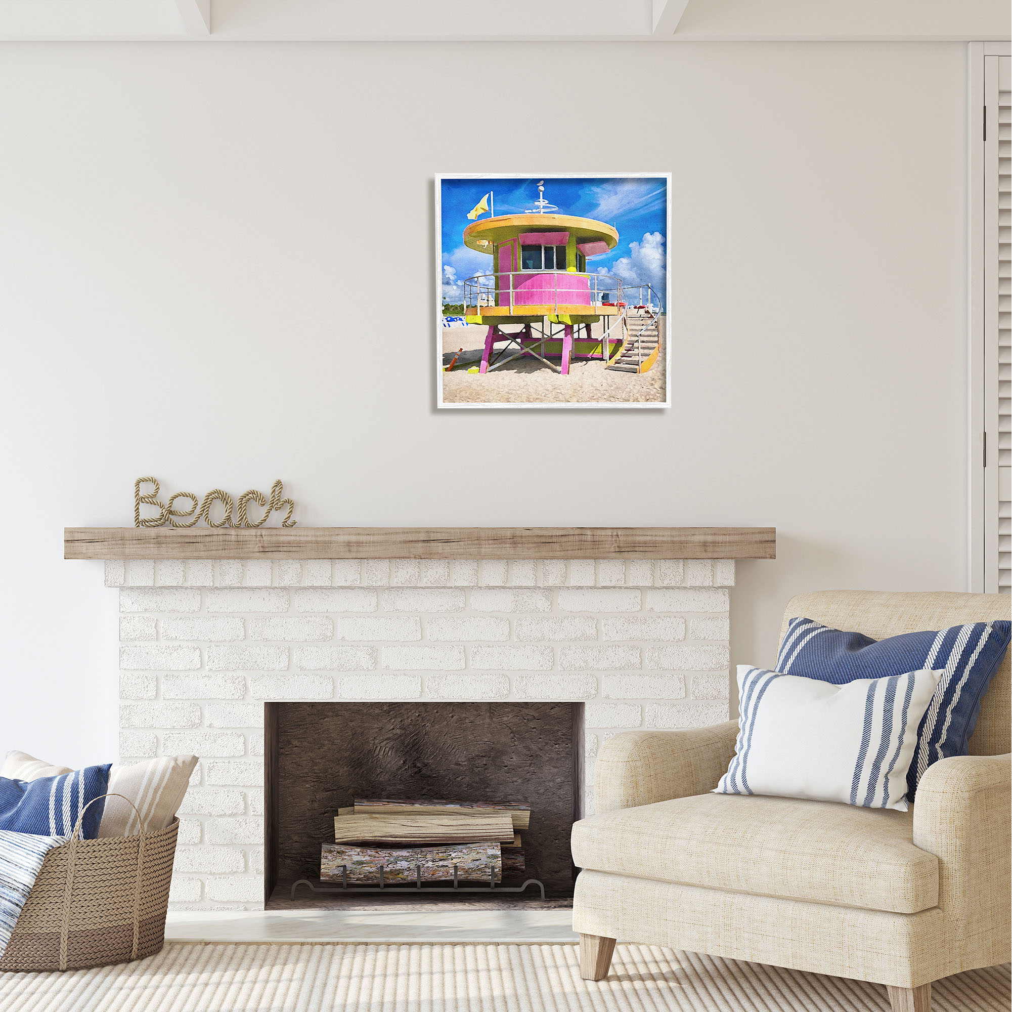 Stupell Industries Pink Lifeguard Hut Nature Painting White Framed Art Print Wall Art, 24 x 24