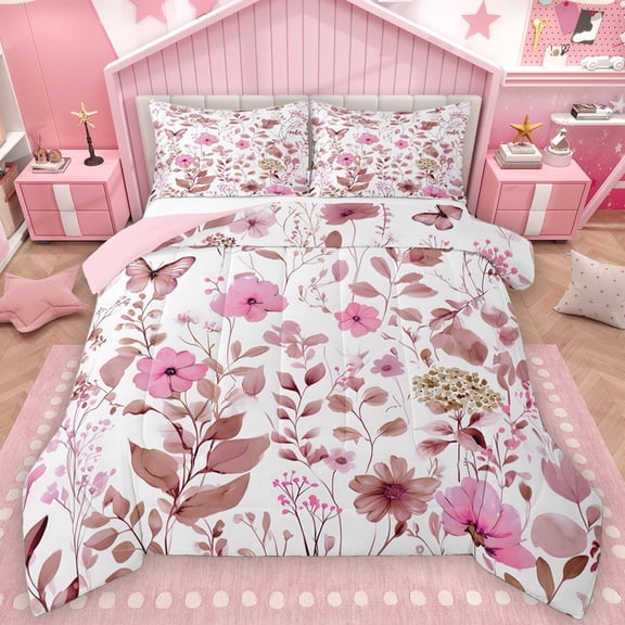 Manfei Girly Pink Floral Bedding Comforter Set for Kids, Rustic Plant Botanical Twin Comforter Sets, Kawaii Butterfly Reversible Bedding Set, Microfiber Bedroom Decor, 2-Piece