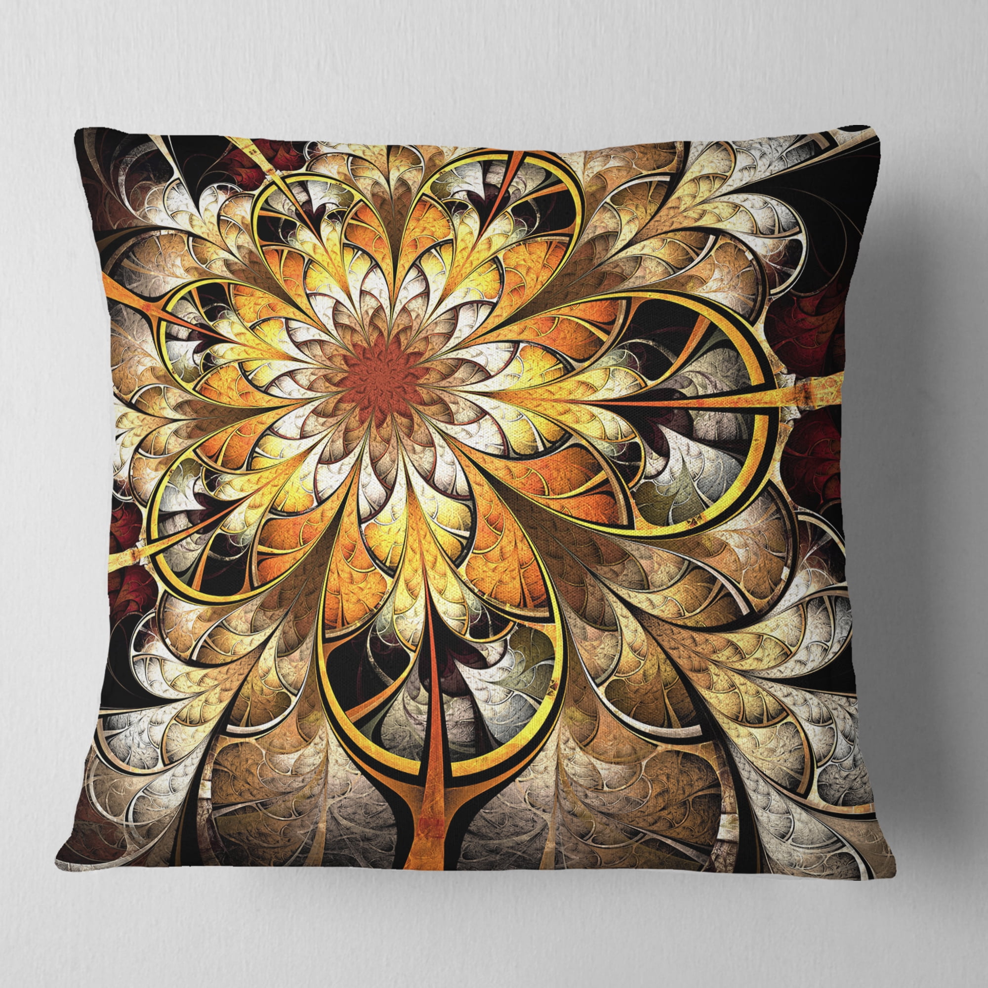 Designart Fractal Flower Dark Yellow - Floral Throw Pillow - 18x18