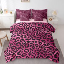 jejeloiu Cute Leopard Pattern 7-Piece Twin Bedding Sets,Modern Cheetah Print Bedding Comforter Set,Pink Black Sheet Sets For Girl Teens,Microfiber Bedroom Decor Reversible