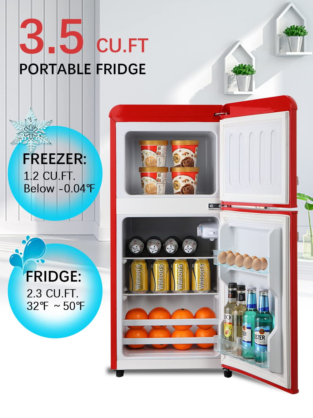 GGTB 3.0 cu.ft Mini Fridge with Freezer, Compact Double Door Refrigerator, 7-Temp Settings, Removable Shelves for Dorm, Apartment, Office, Red