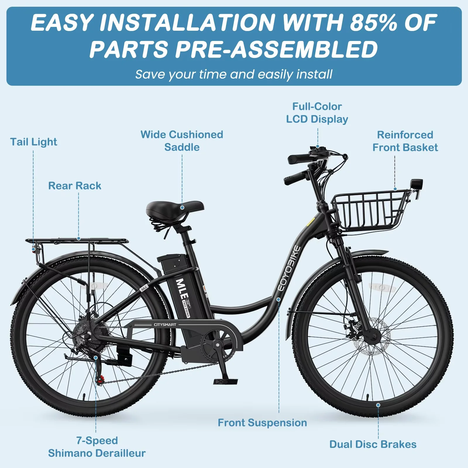 Lilypelle Electric Bike for Unisex Adults,24/26" 7-Speed Step Thru Electric Bicycle ,36V,20MPH
