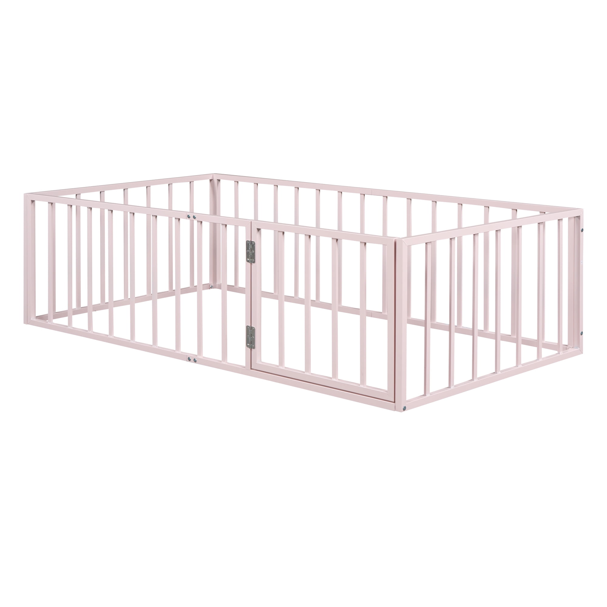 Yoneston Twin Size Floor Bed Frame with Fence and Door, Kids Toddler Montessori Platform Floor Playhouse Bed with Sturdy Support Slats for Boys & Girls, Pink